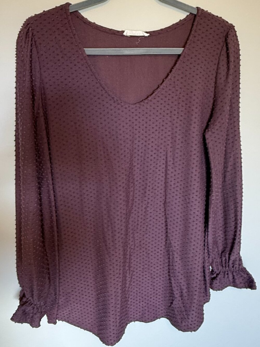 Reborn J Textured Swiss Dot Long Sleeve Blouse Size Large Plum